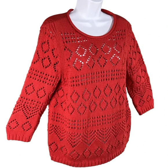 Talbots Womens Lp Red Pointelle Open Knit Sweater 3/4 Sleeve Lattice Diamond Top - Picture 6 of 14